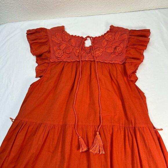 St Roche Kite Dress Tiered Crochet Detail Midi Orange Organic Cotton Size 4 - Picture 12 of 15
